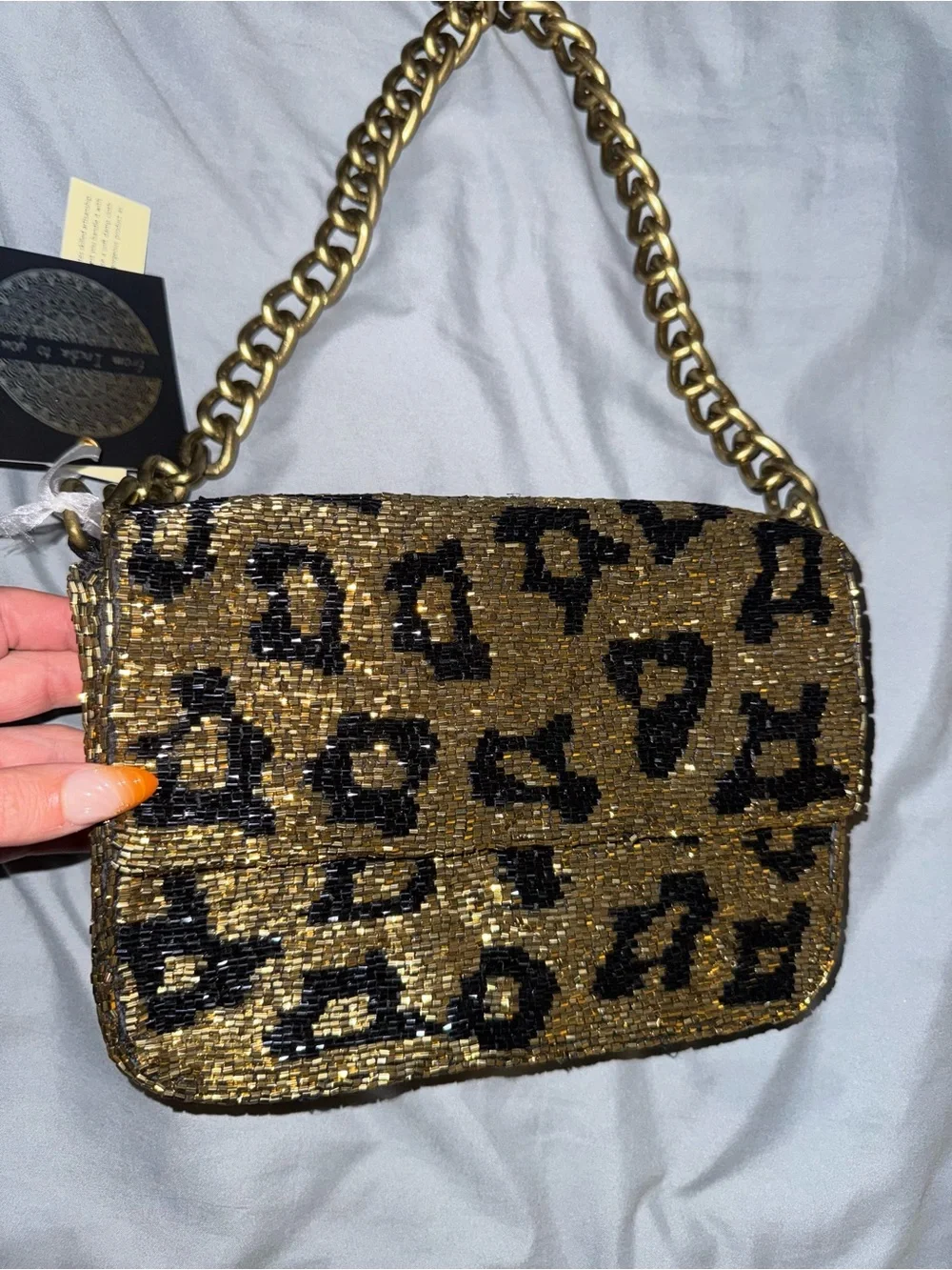Beaded Cheetah Gold Chain Shoulder Bag Handmade in India New with Tags